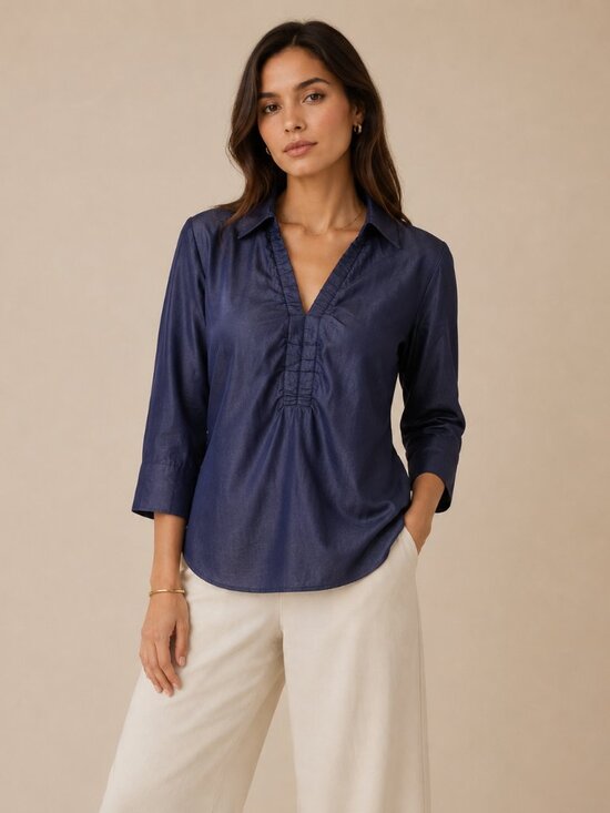 Unique Spectrum Tops - NWT Rayon Denim Sheen Ruffle Blouse